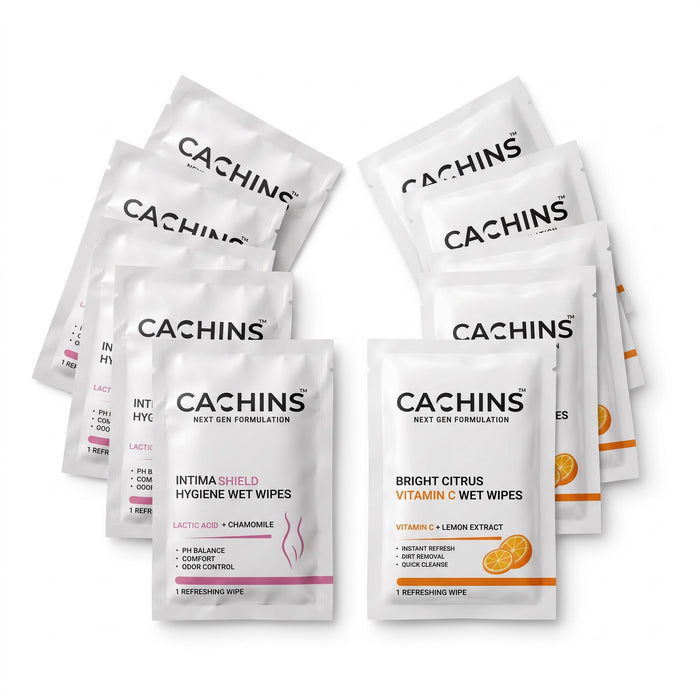 CACHINS Free Wipes Combo – Vitamin C Face Wipes + Intima Hygiene Wipes | 5 + 5 Wipes