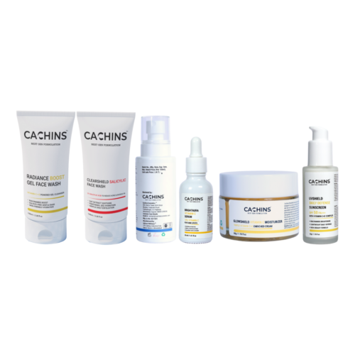 CACHINS 6-Step Skincare Combo Kit | Face Wash, Salicylic Cleanser, Toner, Vitamin C Serum, Moisturizer & Sunscreen SPF 50 | Complete Daily Skincare Routine for Glowing Skin | All Skin Types