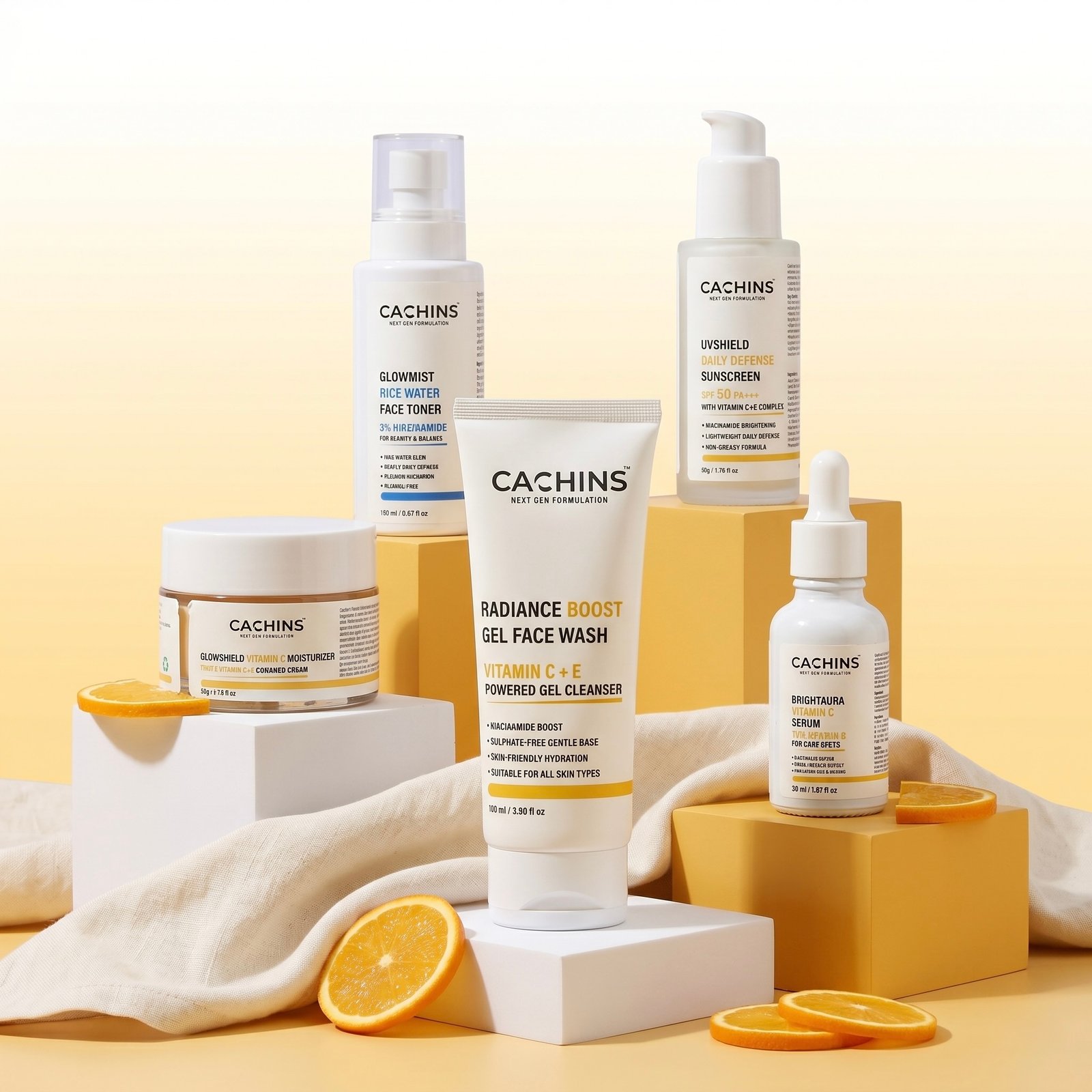 CACHINS Glow & Hydration Skincare Combo | Face Wash, Toner, Serum, Moisturizer & Sunscreen | Radiant Skin Kit