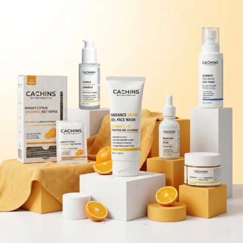 CACHINS Glow Skincare Combo with Vitamin C Wet Wipes | Face Wash, Toner, Serum, Moisturizer, Sunscreen & Wipes